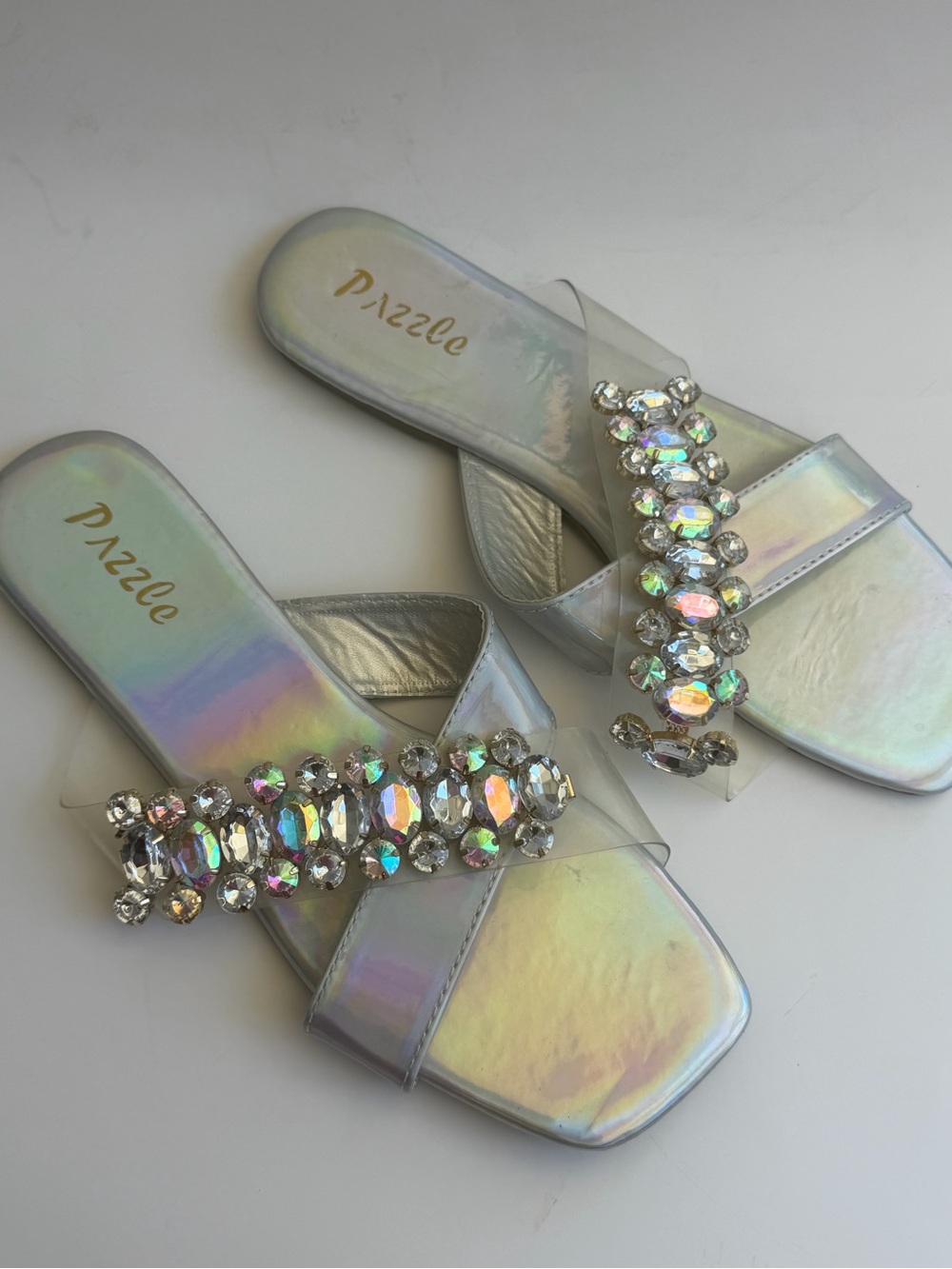 Pazzle Iridescent Crystal Slide Sandals - Silver Holographic